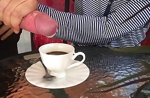 Astonishing girl does blowjob, cum with coffee, front..